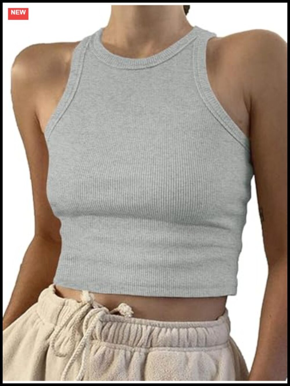 Ribbed Cotton Cropped Tank Top Women's Sleeveless High Neck Fitted Cami